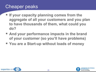 CheaperpeaksIfyourcapacityplanning comes fromtheaggregate of allyourcustomers and you plan tohavethousands of them, whatcouldyou do?And your performance impacts in thebrand of yourcustomer (so you’llhaveproblems)You are a Start-up withoutloads of money