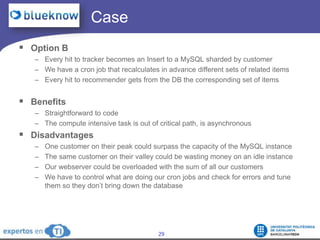 		  CaseOption BEvery hit to tracker becomes an Insert to a MySQL sharded by customerWe have a cron job that recalculates in advance different sets of related itemsEvery hit to recommender gets from the DB the corresponding set of itemsBenefitsStraightforward to codeThe compute intensive task is out of critical path, is asynchronousDisadvantagesOne customer on their peak could surpass the capacity of the MySQL instanceThe same customer on their valley could be wasting money on an idle instanceOur webserver could be overloaded with the sum of all our customersWe have to control what are doing our cron jobs and check for errors and tune them so they don’t bring down the database