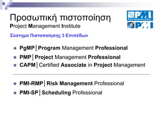 Προσωπική πιστοποίηση
Project Management Institute
Σύστημα Πιστοποίησης 3 Επιπέδων


PgMP│Program Management Professional




PMP│Project Management Professional
CAPM│Certified Associate in Project Management



PMI-RMP│Risk Management Professional



PMI-SP│Scheduling Professional

 