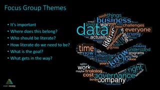 • It’s important
• Where does this belong?
• Who should be literate?
• How literate do we need to be?
• What is the goal?
• What gets in the way?
Focus Group Themes
 