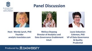 Produced by
Laura Sebastian-
Coleman, PhD
VP of Data Governance
& Quality
Prudential
Melissa Depweg
Director of Analytics and
Data Governance Enablement
Intuit
Panel Discussion
Host: Wendy Lynch, PhD
Founder
analytic-translator.com
 