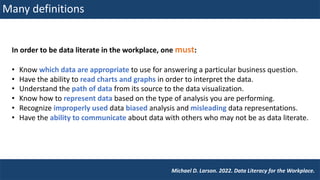Many definitions
In order to be data literate in the workplace, one must:
• Know which data are appropriate to use for answering a particular business question.
• Have the ability to read charts and graphs in order to interpret the data.
• Understand the path of data from its source to the data visualization.
• Know how to represent data based on the type of analysis you are performing.
• Recognize improperly used data biased analysis and misleading data representations.
• Have the ability to communicate about data with others who may not be as data literate.
Michael D. Larson. 2022. Data Literacy for the Workplace.
 