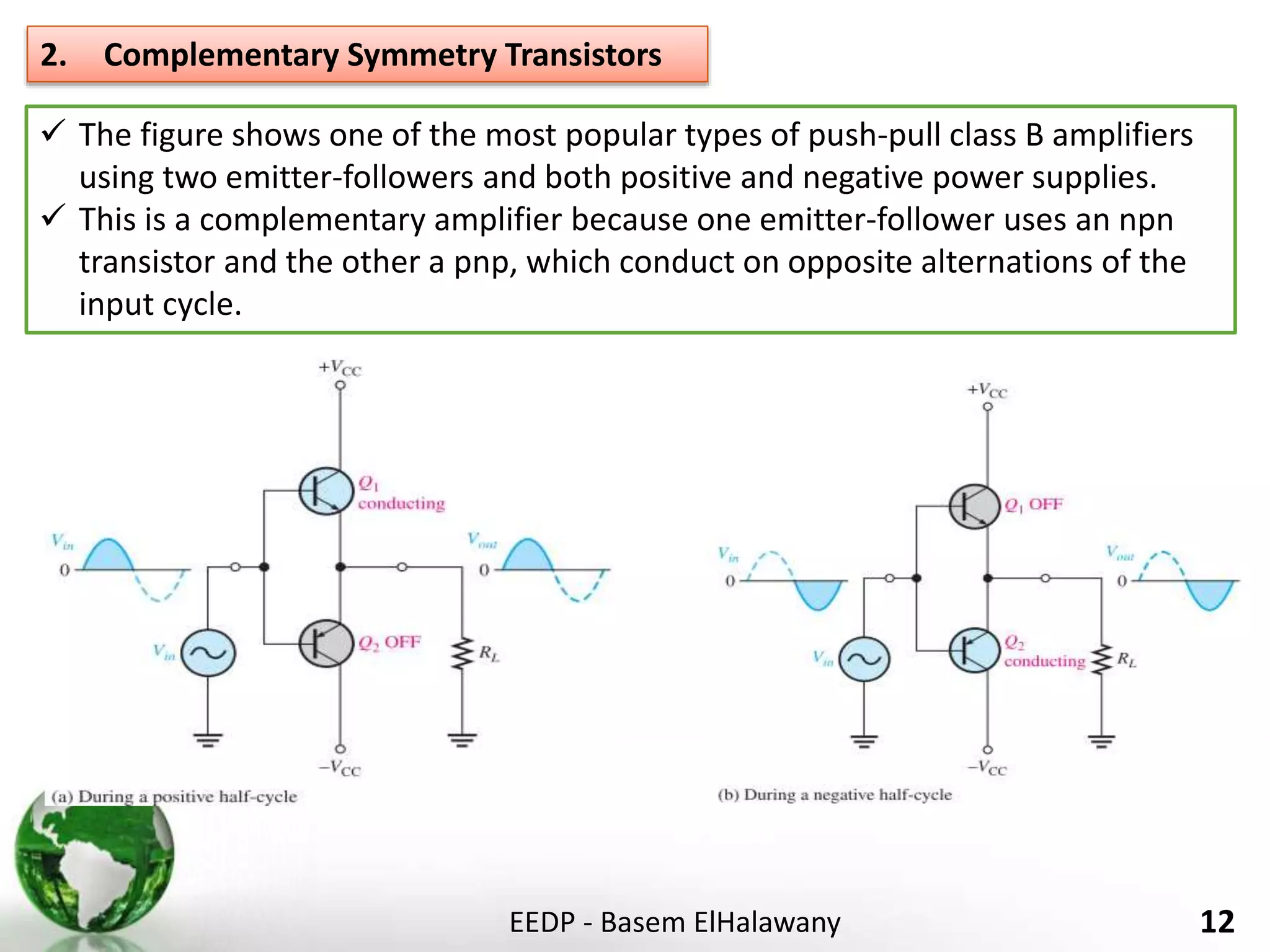 EEDP - Basem ElHalawany 12
2. Complementary Symmetry Transistors
 The figure shows one of the most popular types of push-pull class B amplifiers
using two emitter-followers and both positive and negative power supplies.
 This is a complementary amplifier because one emitter-follower uses an npn
transistor and the other a pnp, which conduct on opposite alternations of the
input cycle.
 