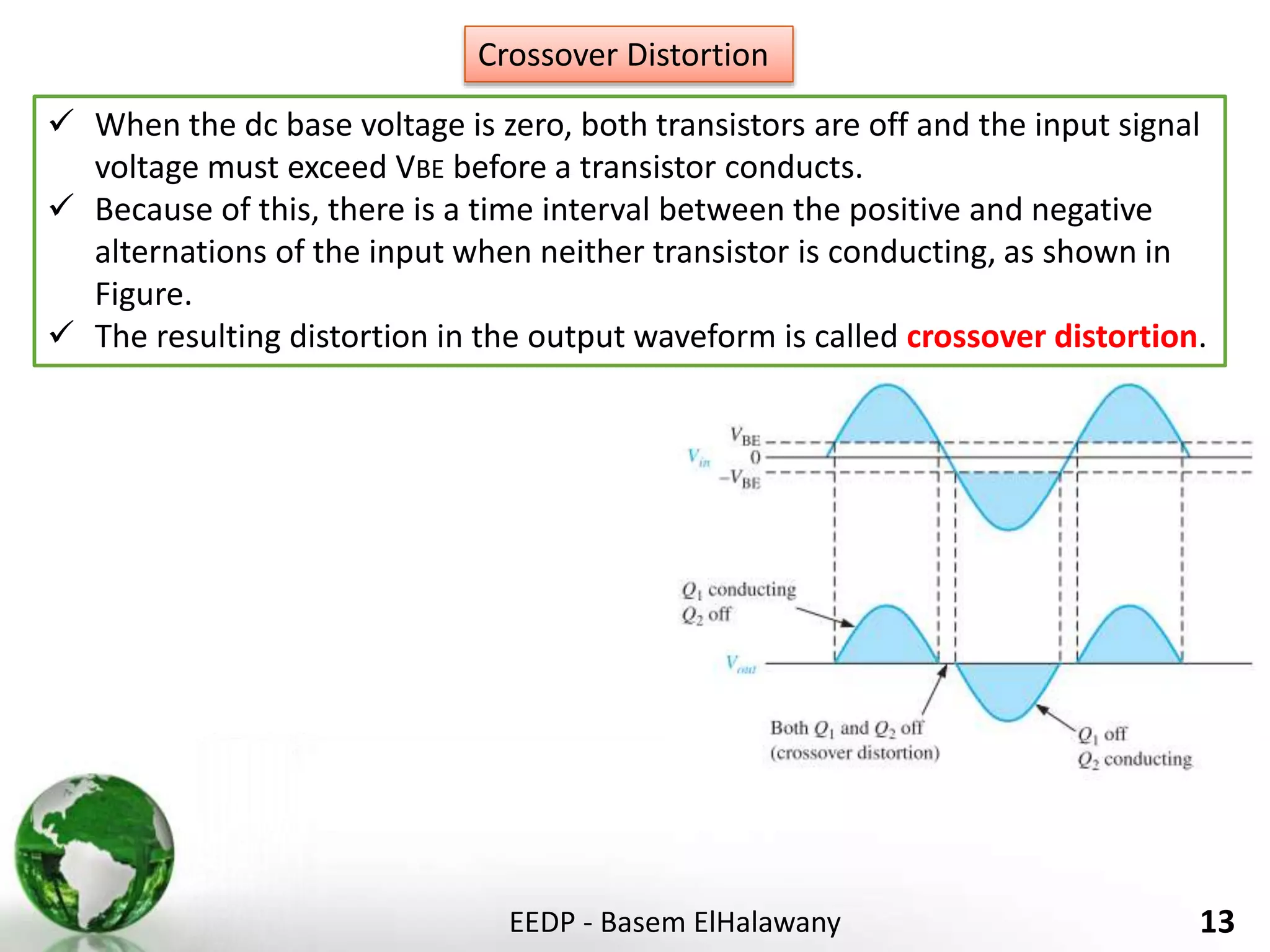 EEDP - Basem ElHalawany 13
 When the dc base voltage is zero, both transistors are off and the input signal
voltage must exceed VBE before a transistor conducts.
 Because of this, there is a time interval between the positive and negative
alternations of the input when neither transistor is conducting, as shown in
Figure.
 The resulting distortion in the output waveform is called crossover distortion.
Crossover Distortion
 