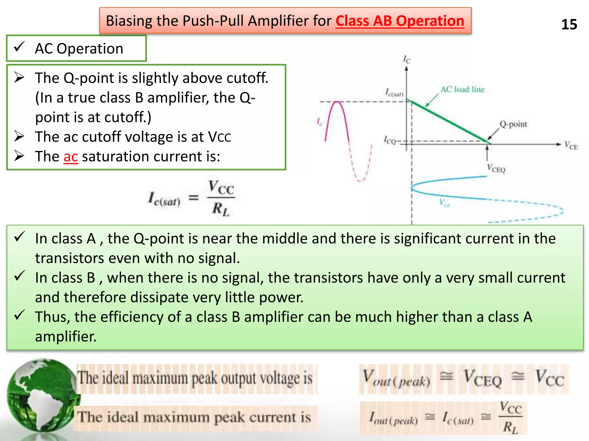 15
 AC Operation
Biasing the Push-Pull Amplifier for Class AB Operation
 The Q-point is slightly above cutoff.
(In a true class B amplifier, the Q-
point is at cutoff.)
 The ac cutoff voltage is at VCC
 The ac saturation current is:
 In class A , the Q-point is near the middle and there is significant current in the
transistors even with no signal.
 In class B , when there is no signal, the transistors have only a very small current
and therefore dissipate very little power.
 Thus, the efficiency of a class B amplifier can be much higher than a class A
amplifier.
 