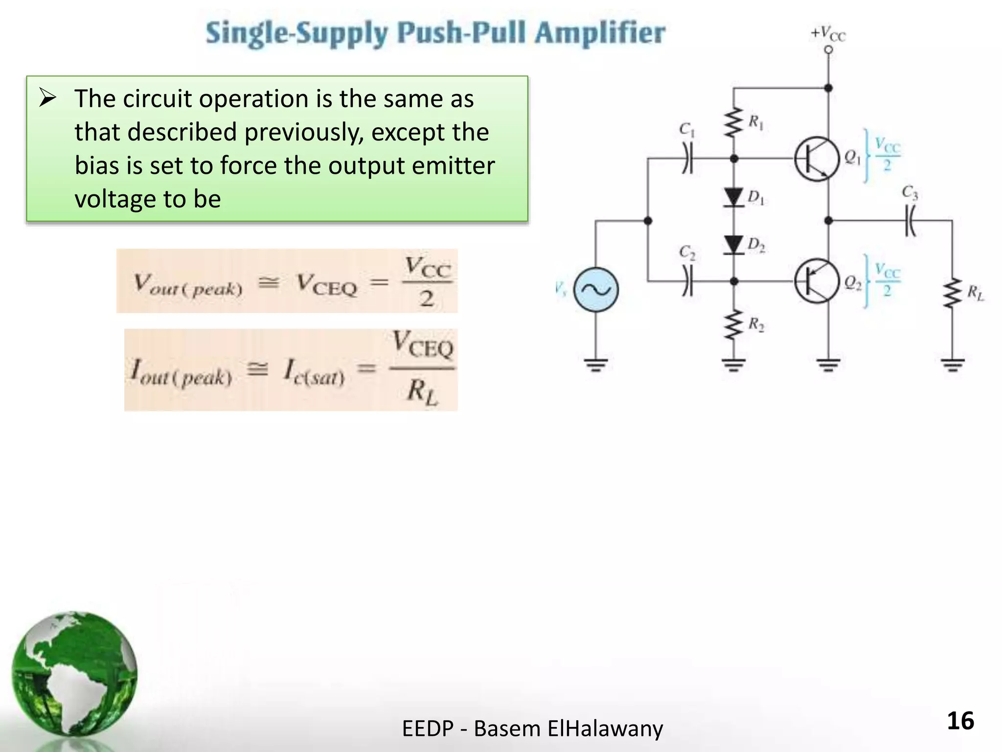 EEDP - Basem ElHalawany 16
 The circuit operation is the same as
that described previously, except the
bias is set to force the output emitter
voltage to be
 