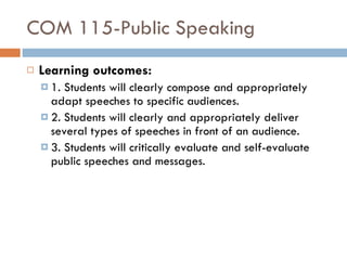COM 115-Public Speaking Learning outcomes: 1. Students will clearly compose and appropriately adapt speeches to specific audiences. 2.   Students will clearly and appropriately deliver several types of speeches in front of an audience. 3. Students will critically evaluate and self-evaluate public speeches and messages. 