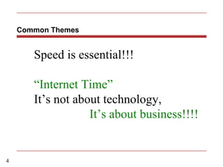 Common Themes 4 Speed is essential!!! “ Internet Time” It’s not about technology,  It’s about business!!!! 