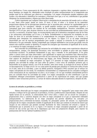son significativas. Como consecuencia de ello, empiezan ciegamente a registrar datos, manipular aparatos o
hacer montajes sin ningún fin, obteniendo como resultado un pobre enriquecimiento de la comprensión que
pueden tener de las relaciones que observan o manipulan. Los mapas conceptuales pueden emplearse para
ayudar a los educandos a identificar los conceptos y relaciones clave que, a su vez, contribuirán a que puedan
interpretar los acontecimientos y objetos que estén observando.
Cabría argumentar que cualquier observación o manipulación de materiales del mundo real es valiosa,
lo cual, hasta cierto punto, puede ser cierto. El tacto, el olor, el sabor y la textura de los materiales
proporcionan algunas de las percepciones primitivas que se necesitan para construir las regularidades que se
perciben (esto es, los conceptos). Además, se puede también sostener que el conocimiento cognitivo o
conceptual tiene poca relación con muchas de las actividades manipulativas. Nosotros coincidimos con
Herrigel (1973) en que, para alcanzar destreza en una actividad tan predominantemente motora como el tiro
con arco, es necesario, en primer lugar, un reconocimiento tanto de la naturaleza conceptual como de los fines
y las sensaciones relacionadas con el arco y la flecha. Probablemente se mejorarían los resultados en casi
todas las áreas de la actividad humana si se comprendieran los conceptos relevantes y su función, y se
utilizaran para interpretar los acontecimientos y/o los objetos. La figura 2.12 es un mapa conceptual
desarrollado por uno de nuestros posgraduados para ayudar a mejorar la actuación de los jugadores de
baloncesto a los que entrenaba. Hemos comprobado que cualquier habilidad es una acción que puede verse de
manera más explícita cuando se identifica el conjunto de conceptos que transmiten el significado de la acción,
y se construye un mapa conceptual con ellos.
Son conocidas las posibilidades que encierran las actividades de campo como experiencias educativas
enriquecedoras, aunque, con demasiada frecuencia, estas actividades se quedan en poco más que simples
excursiones escolares. Un problema fundamental es que, muy a menudo, ni los participantes, ni los guías
saben a ciencia cierta qué están observando o qué significado se supone que transmiten tales observaciones.
Los estudiantes tienen que salir al campo provistos de una estructura de significados potenciales, de modo que
sean capaces de interpretar las observaciones que hagan; una forma altamente eficaz de construir esta
estructura es mediante un mapa conceptual. La figura 2.13 presenta un mapa conceptual utilizado para
preparar una actividad de campo con unos niños de quinto y sexto curso de enseñanza primaria que se
desarrollaba en un parque natural, con el fin de estudiar, entre otros temas, la ecología de un tronco de árbol
en descomposición. El mapa sirvió a la vez como punto de partida para planificar la instrucción sobre el tema
en el aula, antes de la actividad, y para un debate posterior. Kinigstein (1981) encontró que al utilizar los
mapas conceptuales de este modo, los estudiantes incrementaban su comprensión de los conceptos ecológicos
como consecuencia de sus experiencias en clase y en el campo, a la vez que resultaba enormemente positivo
para sus actitudes hacia las actividades de campo. Los mapas conceptuales no sólo contribuyen a que los
estudiantes obtengan conocimientos significativos a partir de las experiencias de campo, sino que ayudan
también a tener sensaciones positivas y a actuar de manera adecuada durante la experiencia y después de ella.

Lectura de artículos en periódicos y revistas
Hemos observado que los mapas conceptuales pueden servir de “taquigrafía” para tomar notas sobre
artículos o trabajos de los que aparecen en periódicos, revistas y publicaciones especializadas. Después de una
rápida lectura de un artículo, es relativamente fácil volver atrás y rodear con un círculo los conceptos y
proposiciones clave y construir después con ellos un mapa conceptual en el que se representen ordenados
jerárquicamente. La elaboración de un mapa conceptual nos permite identificar los conceptos y/o
proposiciones clave y reformular de manera resumida los principales puntos del artículo. La organización
jerárquica de los mapas conceptuales modela el significado de las ideas que contiene el artículo de manera que
encajen en una estructura que permite recordar fácilmente las ideas esenciales del artículo y repasar la
información que se presenta en él. La figura 2.14 muestra un mapa conceptual preparado a partir de un
artículo de una revista que trata de la importancia que tiene una preparación dirigida, para mejorar las
puntuaciones del Test de Aptitud Académica (SAT).4

4

Ésta es una prueba (Scholastic Aptitude Test) que realizan los estudiantes norteamericanos antes de iniciar
sus estudios en la Universidad. (N. del T.)
28

 