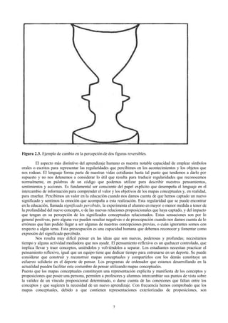 Figura 2.3. Ejemplo de cambio en la percepción de dos figuras reversibles.
El aspecto más distintivo del aprendizaje humano es nuestra notable capacidad de emplear símbolos
orales o escritos para representar las regularidades que percibimos en los acontecimientos y los objetos que
nos rodean. El lenguaje forma parte de nuestras vidas cotidianas hasta tal punto que tendemos a darlo por
supuesto y no nos detenemos a considerar lo útil que resulta para traducir regularidades que reconocemos
normalmente, en palabras de un código que podemos utilizar para describir nuestros pensamientos,
sentimientos y acciones. Es fundamental ser consciente del papel explícito que desempeña el lenguaje en el
intercambio de información para comprender el valor y los objetivos de los mapas conceptuales y, en realidad,
para enseñar. Percibimos un valor en la educación cuando nos damos cuenta de que hemos captado un nuevo
significado y sentimos la emoción que acompaña a esta realización. Esta regularidad que se puede encontrar
en la educación, llamada significado percibido, la experimenta el alumno en mayor o menor medida a tenor de
la profundidad del nuevo concepto, o de las nuevas relaciones proposicionales que haya captado, y del impacto
que tengan en su percepción de los significados conceptuales relacionados. Estas sensaciones son por lo
general positivas, pero alguna vez pueden resultar negativas o de preocupación cuando nos damos cuenta de lo
erróneas que han podido llegar a ser algunas de nuestras concepciones previas, o cuán ignorantes somos con
respecto a algún tema. Esta preocupación es una capacidad humana que debemos reconocer y fomentar como
expresión del significado percibido.
Nos resulta muy difícil pensar en las ideas que son nuevas, poderosas y profundas; necesitamos
tiempo y alguna actividad mediadora que nos ayude. El pensamiento reflexivo es un quehacer controlado, que
implica llevar y traer conceptos, uniéndolos y volviéndolos a separar. Los estudiantes necesitan practicar el
pensamiento reflexivo, igual que un equipo tiene que dedicar tiempo para entrenarse en un deporte. Se puede
considerar que construir y reconstruir mapas conceptuales y compartirlos con los demás constituye un
esfuerzo solidario en el deporte de pensar. Los programas de ordenador que estamos desarrollando en la
actualidad pueden facilitar esta costumbre de pensar utilizando mapas conceptuales.
Puesto que los mapas conceptuales constituyen una representación explícita y manifiesta de los conceptos y
proposiciones que posee una persona, permiten a profesores y alumnos intercambiar sus puntos de vista sobre
la validez de un vínculo proposicional determinado, o darse cuenta de las conexiones que faltan entre los
conceptos y que sugieren la necesidad de un nuevo aprendizaje. Con frecuencia hemos comprobado que los
mapas conceptuales, debido a que contienen representaciones exteriorizadas de proposiciones, son

7

 