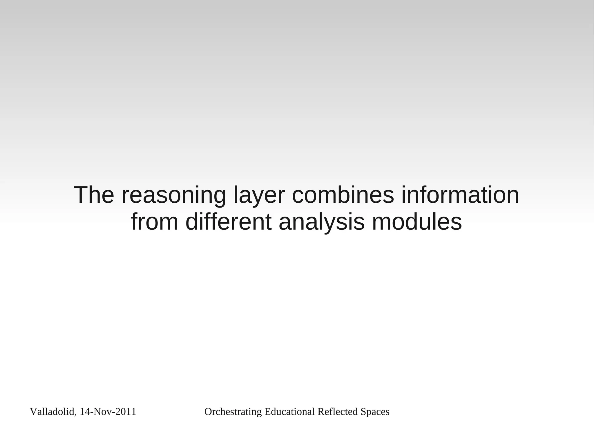 Valladolid, 14-Nov-2011 Orchestrating Educational Reflected Spaces
The reasoning layer combines information
from different analysis modules
 