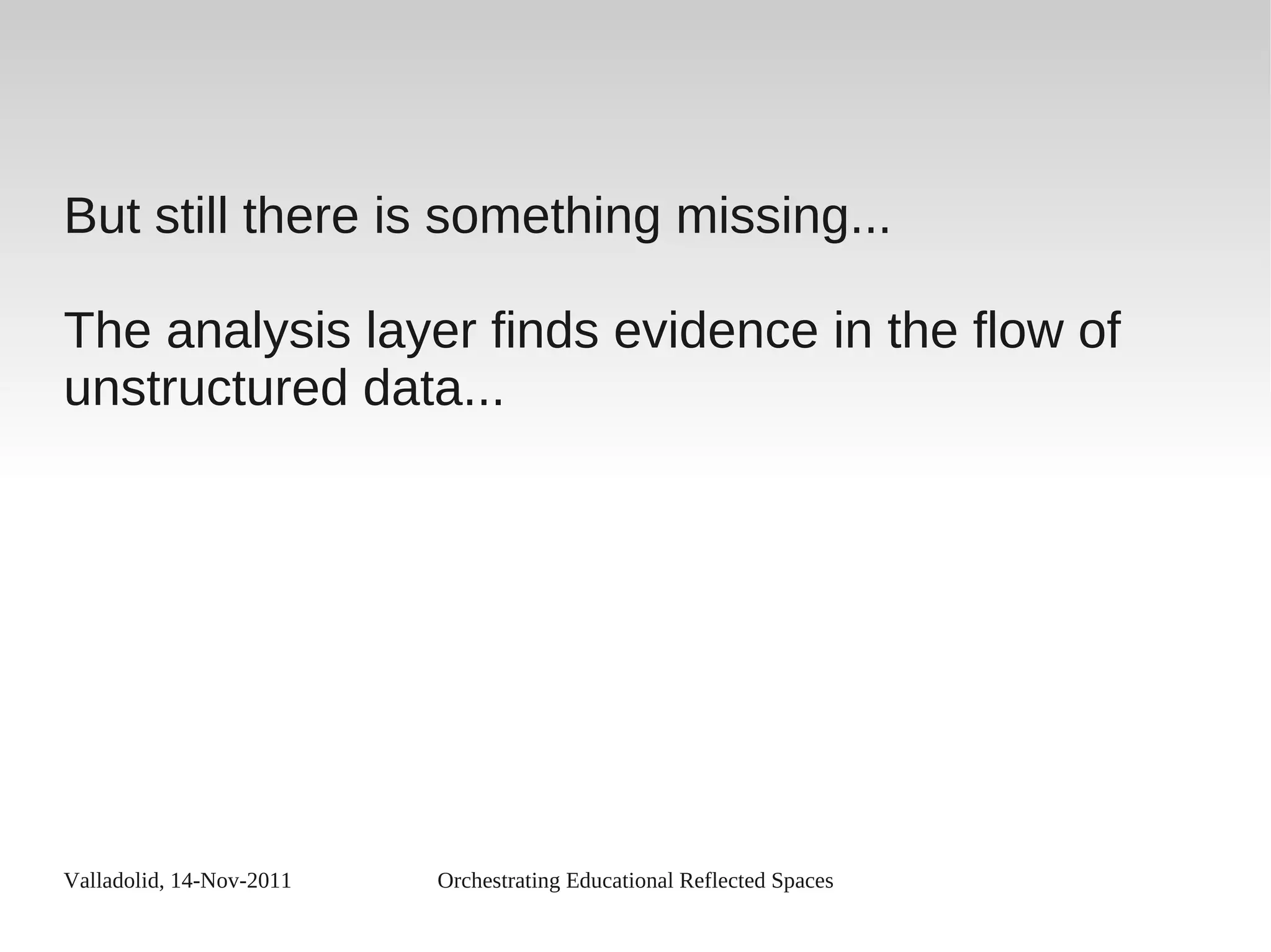 Valladolid, 14-Nov-2011 Orchestrating Educational Reflected Spaces
But still there is something missing...
The analysis layer finds evidence in the flow of
unstructured data...
 