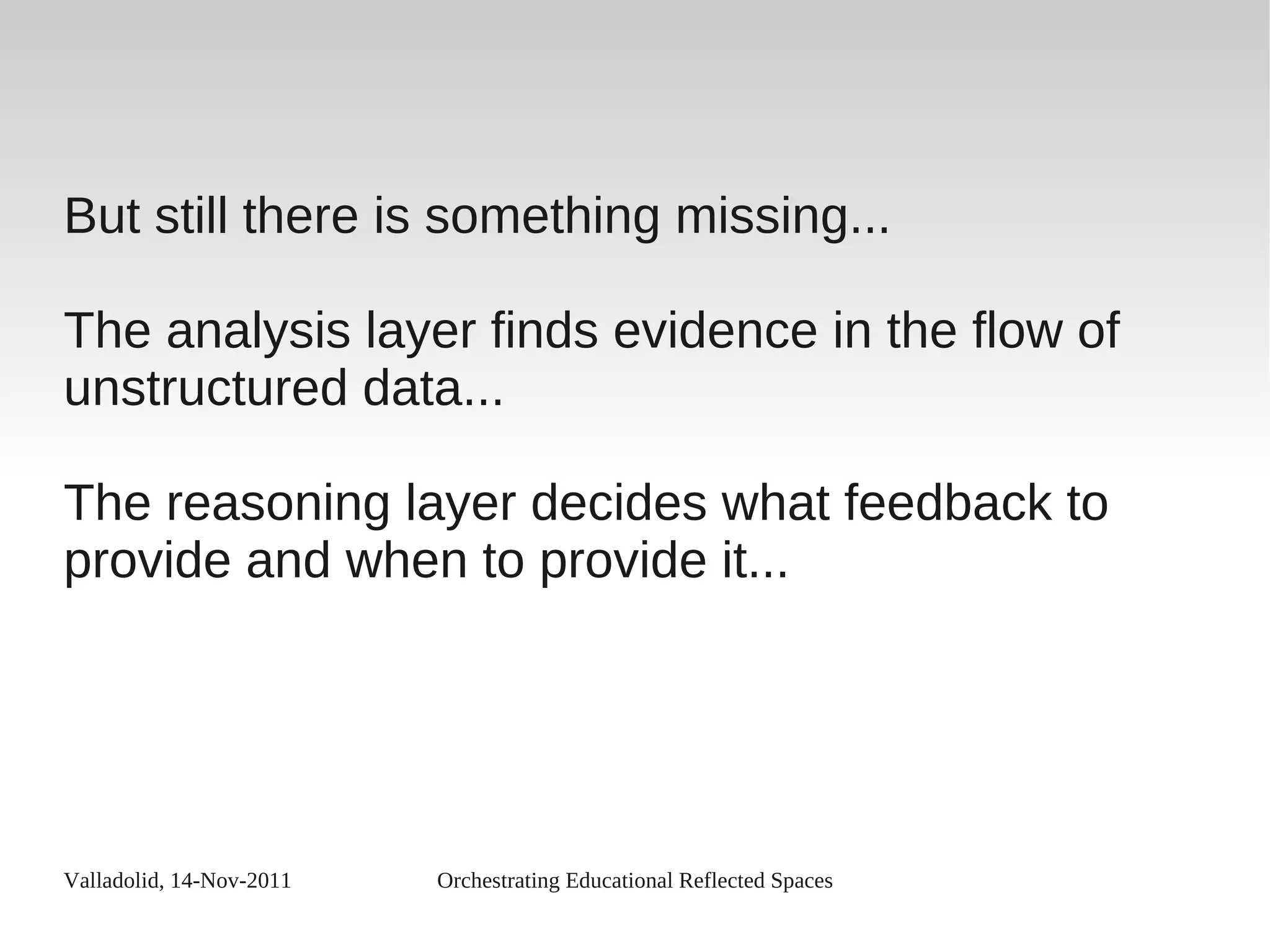 Valladolid, 14-Nov-2011 Orchestrating Educational Reflected Spaces
But still there is something missing...
The analysis layer finds evidence in the flow of
unstructured data...
The reasoning layer decides what feedback to
provide and when to provide it...
 