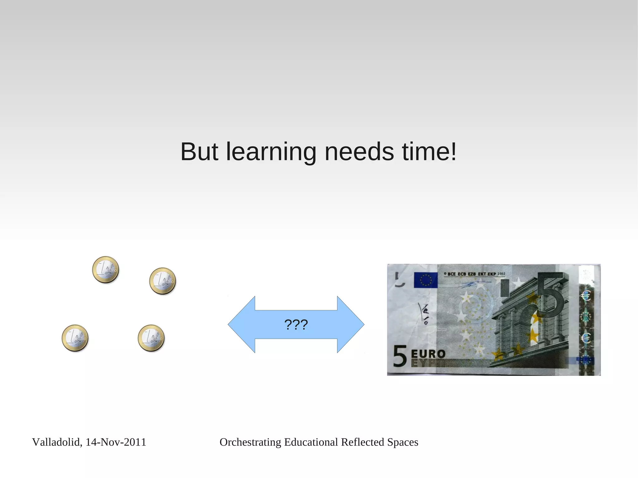 Valladolid, 14-Nov-2011 Orchestrating Educational Reflected Spaces
But learning needs time!
???
 