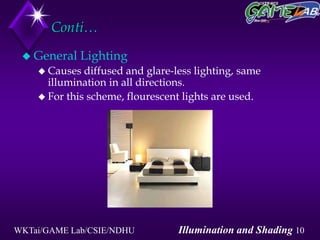 WKTai/GAME Lab/CSIE/NDHU Illumination and Shading 10
Conti…
 General Lighting
 Causes diffused and glare-less lighting, same
illumination in all directions.
 For this scheme, flourescent lights are used.
 