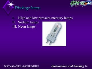 WKTai/GAME Lab/CSIE/NDHU Illumination and Shading 16
Dischrge lamps
I. High and low pressure mercury lamps
II. Sodium lamps
III. Neon lamps
 