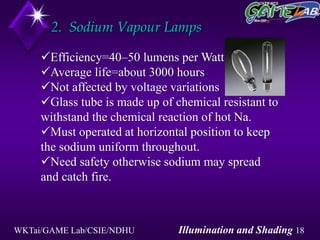 WKTai/GAME Lab/CSIE/NDHU Illumination and Shading 18
2. Sodium Vapour Lamps
Efficiency=40–50 lumens per Watt
Average life=about 3000 hours
Not affected by voltage variations
Glass tube is made up of chemical resistant to
withstand the chemical reaction of hot Na.
Must operated at horizontal position to keep
the sodium uniform throughout.
Need safety otherwise sodium may spread
and catch fire.
 