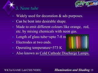 WKTai/GAME Lab/CSIE/NDHU Illumination and Shading 19
3. Neon tube
• Widely used for decoration & ads purposes.
• Can be bent into desirable shape.
• Made to emit different colours like orange, red,
etc. by mixing chemicals with neon gas.
• Length of glass tube=upto 7-8 m
• Electrodes at two ends.
• Operating temperature=573 K
• Also known as Cold Cathode Discharge Lamps.
 