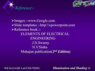 WKTai/GAME Lab/CSIE/NDHU Illumination and Shading 26
Reference:-
Images :-www.Google.com
Slide templates :-http:xpowerpoint.com
Reference book :-
ELEMENTS OF ELECTRICAL
ENGINEERING
J.N.Swamy
N.V.Sinha
Mahajan publication(2nd Edition)
 