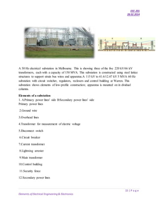 EEE-201
28.02.2014
15 | P a g e
Elements of Electrical Engineering & Electronics
A 50 Hz electrical substation in Melbourne. This is showing three of the five 220 kV/66 kV
transformers, each with a capacity of 150 MVA. This substation is constructed using steel lattice
structures to support strain bus wires and apparatus.A 115 kV to 41.6/12.47 kV 5 MVA 60 Hz
substation with circuit switcher, regulators, reclosers and control building at Warren. This
substation shows elements of low-profile construction; apparatus is mounted on in dividual
columns.
Elements of a substation
1. A:Primary power lines' side B:Secondary power lines' side
Primary power lines
2.Ground wire
3.Overhead lines
4.Transformer for measurement of electric voltage
5.Disconnect switch
6.Circuit breaker
7.Current transformer
8.Lightning arrester
9.Main transformer
10.Control building
11.Security fence
12.Secondary power lines
 