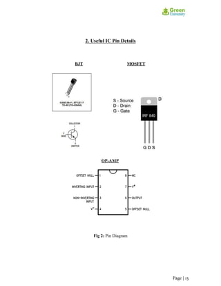 2. Useful IC Pin Details
BJT MOSFET
OP-AMP
Fig 2: Pin Diagram
Page | 13
 