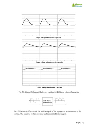 Fig 2.2. Output Voltage of Half wave rectifier for Different values of capacitor
In a full wave rectifier circuit, the positive cycle of the input wave is transmitted to the
output. The negative cycle is inverted and transmitted to the output.
Page | 24
 