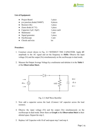 List of Equipment:
● Project Board 1 piece
● p-n junction diode(1N4007) 4 pieces
● Resistor (1K) 1 piece
● Zener diode (4.7 V) 1 piece
● Capacitor (1µF, 10µF) 1 piece each
● Multimeter 1 unit
● Signal generator 1 piece
● Oscilloscope 1 unit
● Chords and wire lot
Procedure:
1. Construct circuit shown in Fig. 2.3 WITHOUT THE CAPACITOR. Apply 6V
amplitude to the AC signal and set the frequency to 1KHz. Observe the input
voltage (Vi) and the output (Vo) simultaneously on the oscilloscope in dual mode.
2. Measure the Output Average Voltage by a multimeter and tabulate it in the Table 1
of the Observation Sheet.
Fig. 2.3. Half Wave Rectifier
3. Now add a capacitor across the load. (Connect 1uF capacitor across the load
resistor).
4. Observe the input voltage (Vi) and the output (Vo) simultaneously on the
oscilloscope in dual mode. Draw them on Graph in the Observation Sheet in their
allotted space. Repeat the step 2.
5. Replace 1uF Capacitor with 10 uF and repeat step 3 and step 4.
Page | 25
 