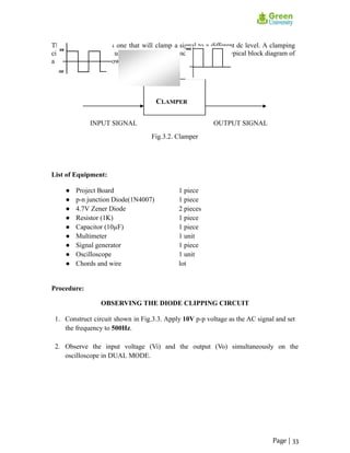 The clamper circuit is one that will clamp a signal to a different dc level. A clamping
circuit can be realized using a diode, resistor and a capacitor. A typical block diagram of
a clamper circuit is shown below:
INPUT SIGNAL OUTPUT SIGNAL
Fig.3.2. Clamper
List of Equipment:
● Project Board 1 piece
● p-n junction Diode(1N4007) 1 piece
● 4.7V Zener Diode 2 pieces
● Resistor (1K) 1 piece
● Capacitor (10µF) 1 piece
● Multimeter 1 unit
● Signal generator 1 piece
● Oscilloscope 1 unit
● Chords and wire lot
Procedure:
OBSERVING THE DIODE CLIPPING CIRCUIT
1. Construct circuit shown in Fig.3.3. Apply 10V p-p voltage as the AC signal and set
the frequency to 500Hz.
2. Observe the input voltage (Vi) and the output (Vo) simultaneously on the
oscilloscope in DUAL MODE.
Page | 33
 