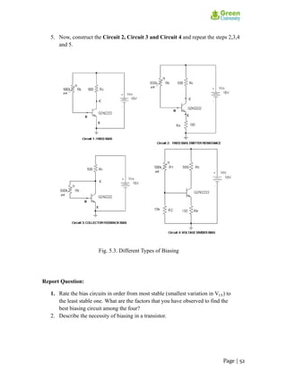 5. Now, construct the Circuit 2, Circuit 3 and Circuit 4 and repeat the steps 2,3,4
and 5.
Fig. 5.3. Different Types of Biasing
Report Question:
1. Rate the bias circuits in order from most stable (smallest variation in VCE) to
the least stable one. What are the factors that you have observed to find the
best biasing circuit among the four?
2. Describe the necessity of biasing in a transistor.
Page | 52
 