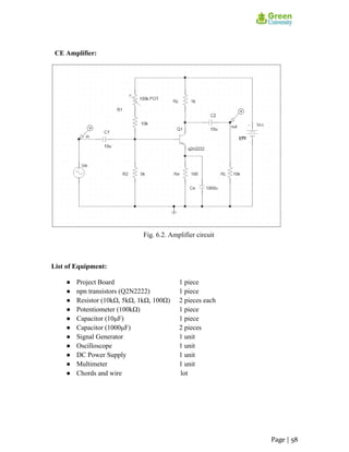 CE Amplifier:
Fig. 6.2. Amplifier circuit
List of Equipment:
● Project Board 1 piece
● npn transistors (Q2N2222) 1 piece
● Resistor (10kΩ, 5kΩ, 1kΩ, 100Ω) 2 pieces each
● Potentiometer (100kΩ) 1 piece
● Capacitor (10μF) 1 piece
● Capacitor (1000μF) 2 pieces
● Signal Generator 1 unit
● Oscilloscope 1 unit
● DC Power Supply 1 unit
● Multimeter 1 unit
● Chords and wire lot
Page | 58
 