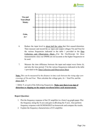 Vin and
Vout (Dual
Mode)
Gain,
Av=
6. Reduce the input level to about half the value that first caused distortion.
Then measure and record the ac input and output voltages Vin and Vout for
the various frequencies indicated in the table 1 provided in the Data
Collection and Observation Sheet. Use the Oscilloscope for these
measurements since our DMMs are not accurate at the higher frequencies to
be used.
7. Measure the time difference between the input and output wave forms Δt,
and also the time period, T for the various frequencies indicated in the table
1 provided in the Data Collection and Observation Sheet
Note: This can be measured by the distance in time scale between the rising edge zero
crossings of Vin and Vout. Then calculate the voltage gain, Av = Vout/Vin, and the
phase shift, θ
= 360Δt /T, at each of the following frequencies. Make sure there is no sign of
distortion or clipping on the output waveform before each measurement.
Report Question:
1. Plot the frequency response of the CE amplifier in a Semi Log graph paper. Plot
the frequency along the X-axis and gain in dB along the Y-axis. Also perform
frequency response with SCHEMATICS as homework and compare the results.
2. Explain the frequency characteristics of CE amplifier.
Page | 60
 