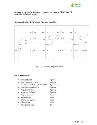 In order to get a better frequency response, the value of CE, C1 and C2
should be sufficiently large.
Common Emitter RC Coupled Cascaded Amplifier:
Fig. 7.2. Cascaded Amplifier circuit
List of Equipment:
● Project Board 1 piece
● npn transistors (2N2222) 2 pieces
● Resistor (10kΩ, 5kΩ, 1kΩ, 100Ω) 2 pieces each
● Potentiometer (100kΩ) 2 pieces
● Capacitor (10μF) 3 pieces
● Capacitor (1000μF) 2 pieces
● Signal Generator 1 unit
● Oscilloscope 1 unit
● DC Power Supply 1 unit
● Multimeter 1 unit
● Chords and wire lot
Page | 64
 