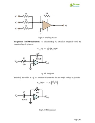 Fig 9.2. Inverting Adder
Integration and Differentiation: The circuit in Fig. 9.3 acts as an integrator where the
output voltage is given as:
𝑉𝑜𝑢𝑡
(𝑡) =−
1
𝑅𝐶
∫𝑉𝑖𝑛
(𝑡)𝑑𝑡
Fig 9.3. Integrator
Similarly, the circuit in Fig. 9.4 acts as a differentiator and the output voltage is given as:
𝑉𝑜𝑢𝑡
𝑡
( ) = − 𝑅𝐶
𝑑𝑉𝑖𝑛
𝑡
( )
𝑑𝑡
( )
Fig 9.4. Differentiator
Page | 80
 