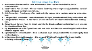 Electron versus Hole Flow
1. Hole Conduction Mechanism – The movement of holes contributes to conduction in
semiconductors.
2. Electron-Hole Pair Creation – When a valence electron gains enough energy, it breaks a covalent
bond and moves, leaving behind a hole.
3. Hole Formation – The absence of an electron in the valence band creates a vacancy, known as a
hole.
4. Charge Carrier Movement – Electrons move to the right, while holes effectively move to the left.
5. Charge Transfer Process – A new hole is created whenever an electron moves to fill an existing
hole.
6. Conventional Current Flow – In circuit analysis, the direction of conventional current is taken as
the direction of hole flow.
7. Fig. Representation – The figure illustrates how holes and electrons move in opposite directions
under an applied field.
8. Significance in Semiconductors – Hole conduction plays a crucial role in the functioning of p-type
semiconductors.
9. Influence on Electrical Properties – The presence of holes affects electrical properties like
resistivity and conductivity.
 