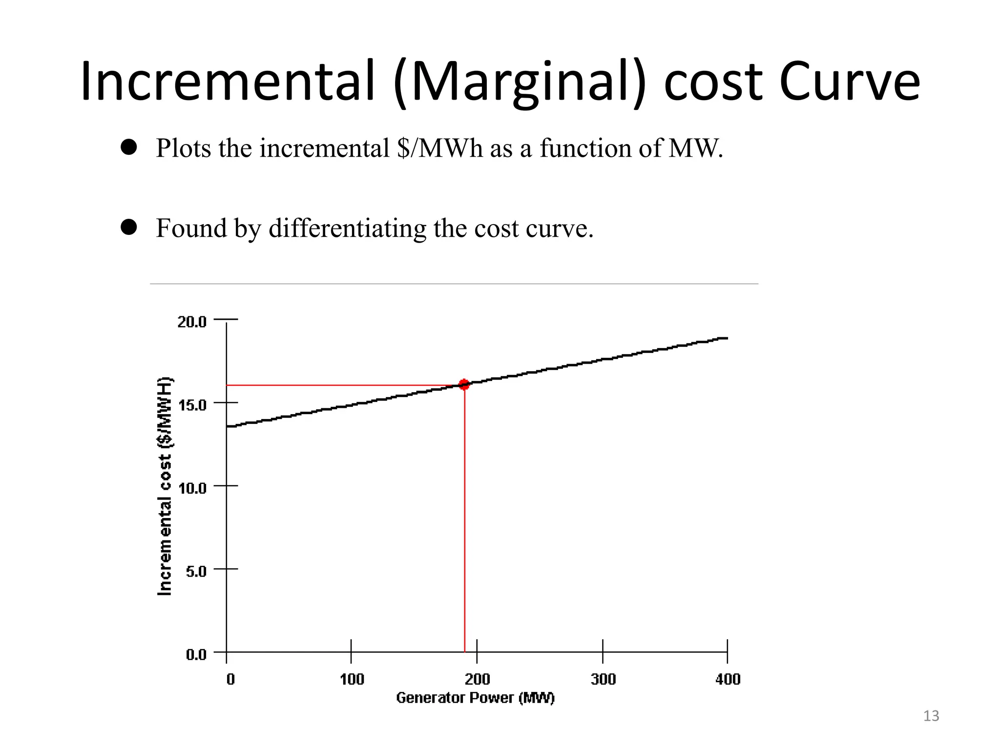 Incremental (Marginal) cost Curve
 Plots the incremental $/MWh as a function of MW.
 Found by differentiating the cost curve.
13
 