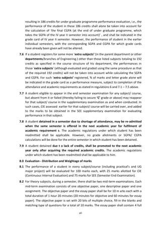 vii
resulting in 186 credits for under graduate programme performance evaluation, i.e., the
performance of the student in these 186 credits shall alone be taken into account for
the calculation of ‘the final CGPA (at the end of under graduate programme, which
takes the SGPA of the IV year II semester into account)’ , and shall be indicated in the
grade card of IV year II semester. However, the performance of student in the earlier
individual semesters, with the corresponding SGPA and CGPA for which grade cards
have already been given will not be altered.
7.6 If a student registers for some more ‘extra subjects’ (in the parent department or other
departments/branches of Engineering.) other than those listed subjects totaling to 192
credits as specified in the course structure of his department, the performances in
those ‘extra subjects’ (although evaluated and graded using the same procedure as that
of the required 192 credits) will not be taken into account while calculating the SGPA
and CGPA. For such ‘extra subjects’ registered, % of marks and letter grade alone will
be indicated in the grade card as a performance measure, subject to completion of the
attendance and academic requirements as stated in regulations 6 and 7.1 – 7.5 above.
7.7 A student eligible to appear in the end semester examination for any subject/ course,
but absent from it or failed (thereby failing to secure ‘C’ grade or above) may reappear
for that subject/ course in the supplementary examination as and when conducted. In
such cases, CIE assessed earlier for that subject/ course will be carried over, and added
to the marks to be obtained in the SEE supplementary examination for evaluating
performance in that subject.
7.8 A student detained in a semester due to shortage of attendance, may be re-admitted
when the same semester is offered in the next academic year for fulfilment of
academic requirement s. The academic regulations under which student has been
readmitted shall be applicable. However, no grade allotments or SGPA/ CGPA
calculations will be done for the entire semester in which student has been detained.
7.9 A student detained due t o lack of credits, shall be promoted to the next academic
year only after acquiring the required academic credits. The academic regulations
under which student has been readmitted shall be applicable to him.
8.0 Evaluation - Distribution and Weightage of marks
8.1 The performance of a student in every subject/course (including practical’s and UG
major project) will be evaluated for 100 marks each, with 25 marks allotted for CIE
(Continuous Internal Evaluation) and 75 marks for SEE (Semester End-Examination).
8.2 For theory subjects, during a semester, there shall be two mid-term examinations. Each
mid-term examination consists of one objective paper, one descriptive paper and one
assignment. The objective paper and the essay paper shall be for 10 m arks each with a
total duration of 1 hour 20 minutes (20 minutes for objective and 60 minutes for essay
paper). The objective paper is set with 20 bits of multiple choice, fill-in the blanks and
matching type of questions for a total of 10 marks. The essay paper shall contain 4 full
 