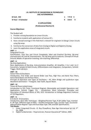 90
J.B. INSTITUTE OF ENGINEERING & TECHNOLOGY
UGC AUTONOMOUS
B.Tech. EEE L T-P-D C C
III Year – II Semester 4 0-0-0 4 4
IC APPLICATIONS
(Professional Elective-II)
Course Objectives:
The Student will:
1. Provide a strong foundation on Linear Circuits.
2. Familiarize students with applications of various IC’s.
3. Have a broad coverage in the field that is relevant for engineers to design Linear circuits
using Op-amps.
4. Familiarize the conversion of data from Analog to Digital and Digital to Analog.
5. Learn the application areas of integrated circuits
UNIT - I:
Integrated Circuits
Classification, Chip Size and Circuit Complexity, Ideal and Practical Op-Amp, Op-amp
characteristics-DC and AC Characteristics, 741 Op-Amp and its Features, Concept of Virtual
Ground ,Modes of operation-inverting, non-inverting, differential.
UNIT - II:
Op-Amp Applications
Basic Applications of Op-Amp, Instrumentation Amplifier, AC Amplifier, V to I and I to V
Converters, Sample & Hold Circuits, Differentiators and Integrators, Comparators, Schmitt
Trigger, Multi vibrators
UNIT - III:
Active Filters & Oscillators
Introduction, First Order and Second Order Low Pass, High Pass and Band Pass Filters,
Active Band Reject and All Pass Filters.
Principle of Operation and Types of Oscillators – RC, Wien Bridge and quadrature type.
Waveform Generators – Triangular, Saw Tooth, Square Wave.
UNIT - IV:
Timers & Phase Locked Loops
Introduction to 555 Timer, Functional Diagram, Monostable and Astable Operations and
Applications, Schmitt Trigger, PLL - Introduction, Block Schematic, Principles and
Description of Individual Blocks of 565, VCO. Introduction to Voltage Regulators Features
of 723 Regulators.
UNIT - V:
D-A And A- D Converters
Introduction, Basic DAC Techniques - Weighted Resistor Type, R-2R Ladder Type, Inverted
R- 2R Type. Different types of ADCs – Parallel Comparator Type, Counter Type, Successive
Approximation Register Type and Dual Slope Type. DAC and ADC Specifications.
Text Books:
1. Linear Integrated Circuits –D. Roy Chowdhury, New Age International (p) Ltd, 3rd
Ed., 2008.
2. Digital Fundamentals – Floyd and Jain, Pearson Education,8th Edition, 2005.
 