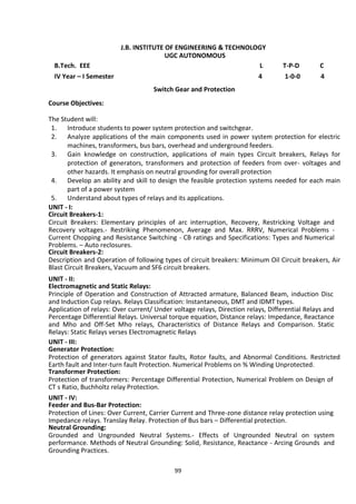 99
J.B. INSTITUTE OF ENGINEERING & TECHNOLOGY
UGC AUTONOMOUS
B.Tech. EEE L T-P-D C
IV Year – I Semester 4 1-0-0 4
Switch Gear and Protection
Course Objectives:
The Student will:
1. Introduce students to power system protection and switchgear.
2. Analyze applications of the main components used in power system protection for electric
machines, transformers, bus bars, overhead and underground feeders.
3. Gain knowledge on construction, applications of main types Circuit breakers, Relays for
protection of generators, transformers and protection of feeders from over- voltages and
other hazards. It emphasis on neutral grounding for overall protection
4. Develop an ability and skill to design the feasible protection systems needed for each main
part of a power system
5. Understand about types of relays and its applications.
UNIT - I:
Circuit Breakers-1:
Circuit Breakers: Elementary principles of arc interruption, Recovery, Restricking Voltage and
Recovery voltages.- Restriking Phenomenon, Average and Max. RRRV, Numerical Problems -
Current Chopping and Resistance Switching - CB ratings and Specifications: Types and Numerical
Problems. – Auto reclosures.
Circuit Breakers-2:
Description and Operation of following types of circuit breakers: Minimum Oil Circuit breakers, Air
Blast Circuit Breakers, Vacuum and SF6 circuit breakers.
UNIT - II:
Electromagnetic and Static Relays:
Principle of Operation and Construction of Attracted armature, Balanced Beam, induction Disc
and Induction Cup relays. Relays Classification: Instantaneous, DMT and IDMT types.
Application of relays: Over current/ Under voltage relays, Direction relays, Differential Relays and
Percentage Differential Relays. Universal torque equation, Distance relays: Impedance, Reactance
and Mho and Off-Set Mho relays, Characteristics of Distance Relays and Comparison. Static
Relays: Static Relays verses Electromagnetic Relays
UNIT - III:
Generator Protection:
Protection of generators against Stator faults, Rotor faults, and Abnormal Conditions. Restricted
Earth fault and Inter-turn fault Protection. Numerical Problems on % Winding Unprotected.
Transformer Protection:
Protection of transformers: Percentage Differential Protection, Numerical Problem on Design of
CT s Ratio, Buchholtz relay Protection.
UNIT - IV:
Feeder and Bus-Bar Protection:
Protection of Lines: Over Current, Carrier Current and Three-zone distance relay protection using
Impedance relays. Translay Relay. Protection of Bus bars – Differential protection.
Neutral Grounding:
Grounded and Ungrounded Neutral Systems.- Effects of Ungrounded Neutral on system
performance. Methods of Neutral Grounding: Solid, Resistance, Reactance - Arcing Grounds and
Grounding Practices.
 