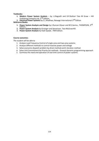 114
Textbooks:
1. Modern Power System Analysis – by I.J.Nagrath and D.P.Kothari Tata M Graw – Hill
Publishing Company Ltd, 2nd edition.
2. Electrical Power Systems by C.L.Wadhwa, Newage International-3rd Edition
Reference Books:
1. Power System Analysis and Design by J.Duncan Glover and M.S.Sarma., THOMPSON, 3rd
Edition.
2. Power System Analysis by Grainger and Stevenson, Tata McGrawHill.
3. Power System Analysis by Hadi Saadat , TMHEdition.
Course outcomes:
The student will be able to
1. Analyze Load Frequency Control of single-area and two-area systems
2. Analyze different methods to control reactive power and voltage
3. Solve economic dispatch problem by direct method and λ-iteration method
4. Solve Unit Commitment by Priority-list methods - forward dynamic programming approach
5. Summary the need and operation of real time control of power systems.
 
