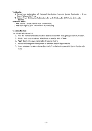 116
Text Books:
1. Control and Automation of Electrical Distribution Systems, James. Northcote – Green
Robert Wilson, CRC Press.
2. Electric Power Distribution Automation, Dr. M. K. Khedkar, Dr. G.M.Dhole, University
Science
Reference Books:
1. IEEE Tutorial Course ―Distribution Automation‖
2. IEEE Working Group on ―Distribution Automation‖
Course outcomes:
The student will be able to:
1. Find the transfer of electrical data in distribution system through digital communication.
2. Predict load forecasting and reliability in economic point of view.
3. Apply distribution automation objectives and SCADA.
4. have a knowledge on management of different electrical parameters.
5. Learn processes for execution and control of regulation in power distribution business in
India
 