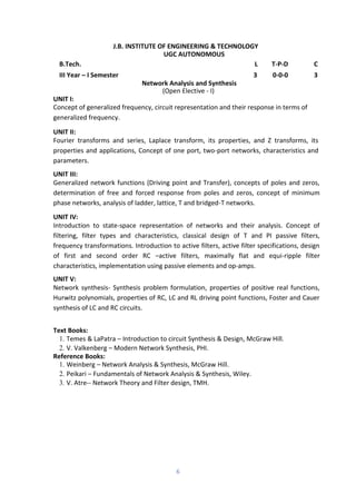 6
J.B. INSTITUTE OF ENGINEERING & TECHNOLOGY
UGC AUTONOMOUS
B.Tech. L T-P-D C
III Year – I Semester 3 0-0-0 3
Network Analysis and Synthesis
(Open Elective - I)
UNIT I:
Concept of generalized frequency, circuit representation and their response in terms of
generalized frequency.
UNIT II:
Fourier transforms and series, Laplace transform, its properties, and Z transforms, its
properties and applications, Concept of one port, two-port networks, characteristics and
parameters.
UNIT III:
Generalized network functions (Driving point and Transfer), concepts of poles and zeros,
determination of free and forced response from poles and zeros, concept of minimum
phase networks, analysis of ladder, lattice, T and bridged-T networks.
UNIT IV:
Introduction to state-space representation of networks and their analysis. Concept of
filtering, filter types and characteristics, classical design of T and PI passive filters,
frequency transformations. Introduction to active filters, active filter specifications, design
of first and second order RC –active filters, maximally flat and equi-ripple filter
characteristics, implementation using passive elements and op-amps.
UNIT V:
Network synthesis- Synthesis problem formulation, properties of positive real functions,
Hurwitz polynomials, properties of RC, LC and RL driving point functions, Foster and Cauer
synthesis of LC and RC circuits.
Text Books:
1. Temes & LaPatra – Introduction to circuit Synthesis & Design, McGraw Hill.
2. V. Valkenberg – Modern Network Synthesis, PHI.
Reference Books:
1. Weinberg – Network Analysis & Synthesis, McGraw Hill.
2. Peikari – Fundamentals of Network Analysis & Synthesis, Wiley.
3. V. Atre-- Network Theory and Filter design, TMH.
 