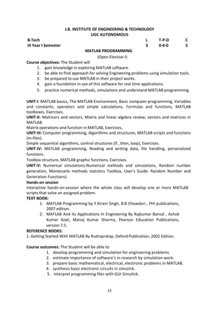 15
J.B. INSTITUTE OF ENGINEERING & TECHNOLOGY
UGC AUTONOMOUS
B.Tech L T-P-D C
III Year I Semester 3 0-0-0 3
MATLAB PROGRAMMING
(Open Elective-I)
Course objectives: The Student will
1. gain knowledge in exploring MATLAB software.
2. be able to find approach for solving Engineering problems using simulation tools.
3. be prepared to use MATLAB in their project works.
4. gain a foundation in use of this software for real time applications.
5. practice numerical methods, simulations and understand MATLAB programming.
UNIT-I: MATLAB basics, The MATLAB Environment, Basic computer programming, Variables
and constants, operators and simple calculations, Formulas and functions, MATLAB
toolboxes, Exercises.
UNIT-II: Matricers and vectors, Matrix and linear algebra review, vectors and matrices in
MATLAB.
Matrix operations and function in MATLAB, Exercises.
UNIT-III: Computer programming, Algorithms and structures, MATLAB scripts and functions
(m-files).
Simple sequential algorithms, control structures (if…then, loop), Exercises.
UNIT-IV: MATLAB programming, Reading and writing data, file handling, personalized
functions.
Toolbox structure, MATLAB graphic functions, Exercises.
UNIT-V: Numerical simulations-Numerical methods and simulations, Random number
generation, Montecarlo methods statistics Toolbox, User‘s Guide: Random Number and
Generation Functions).
Hands-on session
Interactive hands-on-session where the whole class will develop one or more MATLAB
scripts that solve an assigned problem.
TEXT BOOK:
1. MATLAB Programming by Y.Kirani Singh, B.B Chowdari , PHI publications,
2007 edition.
2. MATLAB And Its Applications In Engineering By Rajkumar Bansal , Ashok
Kumar Goel, Manoj Kumar Sharma, Pearson Education Publications,
version 7.5.
REFERENCE BOOKS:
1. Getting Started With MATLAB By Rudrapratap, Oxford Publication, 2002 Edition.
Course outcomes: The Student will be able to
1. develop programming and simulation for engineering problems.
2. estimate importance of software’s in research by simulation work.
3. prepare basic mathematical, electrical, electronic problems in MATLAB.
4. synthesis basic electronic circuits in simulink.
5. interpret programming files with GUI Simulink.
 