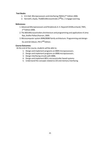 25
Text Books:
1. D.V.Hall, Microprocessors and interfacing,TMGH,2nd Edition 2006.
2. Kenneth.J.Ayala, The8051Microcontroler,3rdEd., C engage Learning.
References:
1. Advanced Microprocessors and Peripherals-A. K. Rayand K.M Bhurchandi, TMH,
2nd Edition 2006.
2. The 8051Microcontrollers.Architecture and programming and applications-K.Uma
Rao, Andhe Pallavi,Pearson, 2009.
3. Microcomputer system 8086/8088 family architecture. Programming and design-
Du and GA Gibson, PHI 2nd Edition.
Course Outcomes:
At the end of the course, students will be able to:
1. Design and implement programs on 8085microprocessors.
2. Design and implement programs on 8086microprocessors.
3. Design interfacing circuits with 8086.
4. Design and implement 8051 microcontroller based systems
5. Understand the concepts related to I/O and memory interfacing
 