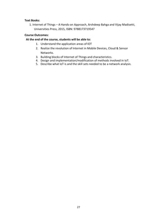 27
Text Books:
1. Internet of Things – A Hands-on Approach, Arshdeep Bahga and Vijay Madisetti,
Universities Press, 2015, ISBN: 9788173719547
Course Outcomes:
At the end of the course, students will be able to:
1. Understand the application areas of IOT
2. Realize the revolution of Internet in Mobile Devices, Cloud & Sensor
Networks.
3. Building blocks of Internet of Things and characteristics.
4. Design and implementation/modification of methods involved in IoT.
5. Describe what IoT is and the skill sets needed to be a network analysis.
 