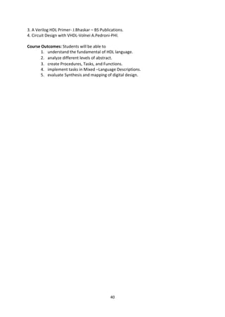 40
3. A Verilog HDL Primer- J.Bhaskar – BS Publications.
4. Circuit Design with VHDL-Volnei A.Pedroni-PHI.
Course Outcomes: Students will be able to
1. understand the fundamental of HDL language.
2. analyze different levels of abstract.
3. create Procedures, Tasks, and Functions.
4. implement tasks in Mixed –Language Descriptions.
5. evaluate Synthesis and mapping of digital design.
 
