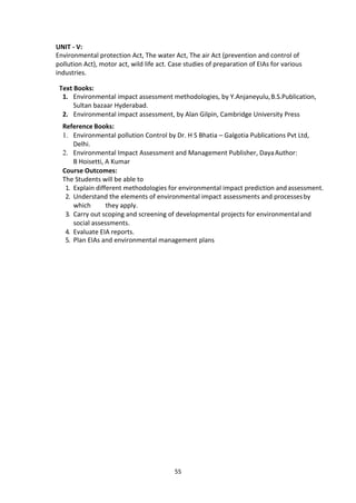 55
UNIT - V:
Environmental protection Act, The water Act, The air Act (prevention and control of
pollution Act), motor act, wild life act. Case studies of preparation of EIAs for various
industries.
Text Books:
1. Environmental impact assessment methodologies, by Y.Anjaneyulu,B.S.Publication,
Sultan bazaar Hyderabad.
2. Environmental impact assessment, by Alan Gilpin, Cambridge University Press
Reference Books:
1. Environmental pollution Control by Dr. H S Bhatia – Galgotia Publications Pvt Ltd,
Delhi.
2. Environmental Impact Assessment and Management Publisher, DayaAuthor:
B Hoisetti, A Kumar
Course Outcomes:
The Students will be able to
1. Explain different methodologies for environmental impact prediction andassessment.
2. Understand the elements of environmental impact assessments and processesby
which they apply.
3. Carry out scoping and screening of developmental projects for environmentaland
social assessments.
4. Evaluate EIA reports.
5. Plan EIAs and environmental management plans
 