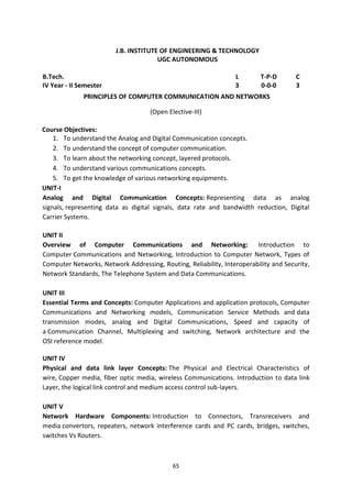 65
Analog and Digital Communication Concepts: Representing data as analog
signals, representing data as digital signals, data rate and bandwidth reduction, Digital
Carrier Systems.
UNIT II
Overview of Computer Communications and Networking: Introduction to
Computer Communications and Networking, Introduction to Computer Network, Types of
Computer Networks, Network Addressing, Routing, Reliability, Interoperability and Security,
Network Standards, The Telephone System and Data Communications.
UNIT III
Essential Terms and Concepts: Computer Applications and application protocols, Computer
Communications and Networking models, Communication Service Methods and data
transmission modes, analog and Digital Communications, Speed and capacity of
a Communication Channel, Multiplexing and switching, Network architecture and the
OSI reference model.
UNIT IV
Physical and data link layer Concepts: The Physical and Electrical Characteristics of
wire, Copper media, fiber optic media, wireless Communications. Introduction to data link
Layer, the logical link control and medium access control sub-layers.
UNIT V
Network Hardware Components: Introduction to Connectors, Transreceivers and
media convertors, repeaters, network interference cards and PC cards, bridges, switches,
switches Vs Routers.
J.B. INSTITUTE OF ENGINEERING & TECHNOLOGY
UGC AUTONOMOUS
B.Tech. L T-P-D C
IV Year - II Semester 3 0-0-0 3
PRINCIPLES OF COMPUTER COMMUNICATION AND NETWORKS
(Open Elective-III)
Course Objectives:
1. To understand the Analog and Digital Communication concepts.
2. To understand the concept of computer communication.
3. To learn about the networking concept, layered protocols.
4. To understand various communications concepts.
5. To get the knowledge of various networking equipments.
UNIT-I
 