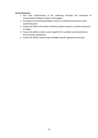 78
Course Outcomes:
1. Gain basic understanding of the underlying principles and philosophy of
computational intelligence systems Technologies.
2. Be capable of constructing intelligent systems (in software) that perform useful
engineering tasks.
3. Possess the ability to formulate an efficient problem space for a problem expressed
in English.
4. Possess the ability to select a search algorithm for a problem and characterize its
time and space complexities.
5. Possess the skill for representing knowledge using the appropriate technique.
 