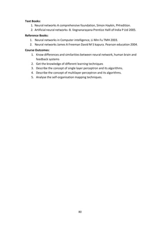80
Text Books:
1. Neural networks A comprehensive foundation, Simon Haykin, PHIedition.
2. Artificial neural networks- B. Vegnanarayana Prentice Halll of India P Ltd 2005.
Reference Books:
1. Neural networks in Computer intelligence, Li Min Fu TMH 2003.
2. Neural networks James A Freeman David M S kapura. Pearson education 2004.
Course Outcomes:
1. Know differences and similarities between neural network, human brain and
feedback systems
2. Get the knowledge of different learning techniques
3. Describe the concept of single layer perceptron and its algorithms.
4. Describe the concept of multilayer perceptron and its algorithms.
5. Analyse the self-organisation mapping techniques.
 