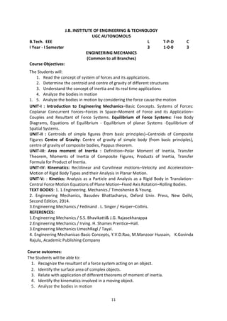 11
J.B. INSTITUTE OF ENGINEERING & TECHNOLOGY
UGC AUTONOMOUS
B.Tech. EEE L T-P-D C
I Year - I Semester 3 1-0-0 3
ENGINEERING MECHANICS
(Common to all Branches)
Course Objectives:
The Students will:
1. Read the concept of system of forces and its applications.
2. Determine the centroid and centre of gravity of different structures
3. Understand the concept of inertia and its real time applications
4. Analyze the bodies in motion
1. 5. Analyze the bodies in motion by considering the force cause the motion
UNIT-I : Introduction to Engineering Mechanics–Basic Concepts. Systems of Forces:
Coplanar Concurrent Forces–Forces in Space–Moment of Force and its Application–
Couples and Resultant of Force Systems. Equilibrium of Force Systems: Free Body
Diagrams, Equations of Equilibrium - Equilibrium of planar Systems -Equilibrium of
Spatial Systems.
UNIT-II : Centroids of simple figures (from basic principles)–Centroids of Composite
Figures Centre of Gravity: Centre of gravity of simple body (from basic principles),
centre of gravity of composite bodies, Pappus theorem.
UNIT-III: Area moment of Inertia : Definition–Polar Moment of Inertia, Transfer
Theorem, Moments of Inertia of Composite Figures, Products of Inertia, Transfer
Formula for Product of Inertia.
UNIT-IV: Kinematics: Rectilinear and Curvilinear motions–Velocity and Acceleration–
Motion of Rigid Body Types and their Analysis in Planar Motion.
UNIT-V: : Kinetics: Analysis as a Particle and Analysis as a Rigid Body in Translation–
Central Force Motion Equations of Plane Motion–Fixed Axis Rotation–Rolling Bodies.
TEXT BOOKS: 1. 1.Engineering. Mechanics / Timoshenko & Young.
2. Engineering Mechanics, Basudev Bhattacharya, Oxford Univ. Press, New Delhi,
Second Edition, 2014.
3.Engineering Mechanics / Fedinand . L. Singer / Harper–Collins.
REFERENCES:
1.Engineering Mechanics / S.S. Bhavikatti& J.G. Rajasekharappa
2.Engineering Mechanics / Irving. H. Shames Prentice–Hall.
3.Engineering Mechanics UmeshRegl / Tayal.
4. Engineering Mechanicas-Basic Concepts, Y.V.D.Rao, M.Manzoor Hussain, K.Govinda
Rajulu, Academic Publishing Company
Course outcomes:
The Students will be able to:
1. Recognize the resultant of a force system acting on an object.
2. Identify the surface area of complex objects.
3. Relate with application of different theorems of moment of inertia.
4. Identify the kinematics involved in a moving object.
5. Analyze the bodies in motion
 